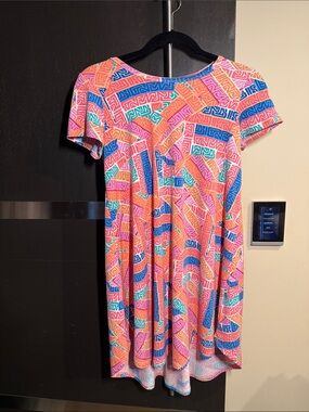 LuLaRoe Short-Sleeve Swing Dress in Pink, Orange, Blue & Aqua